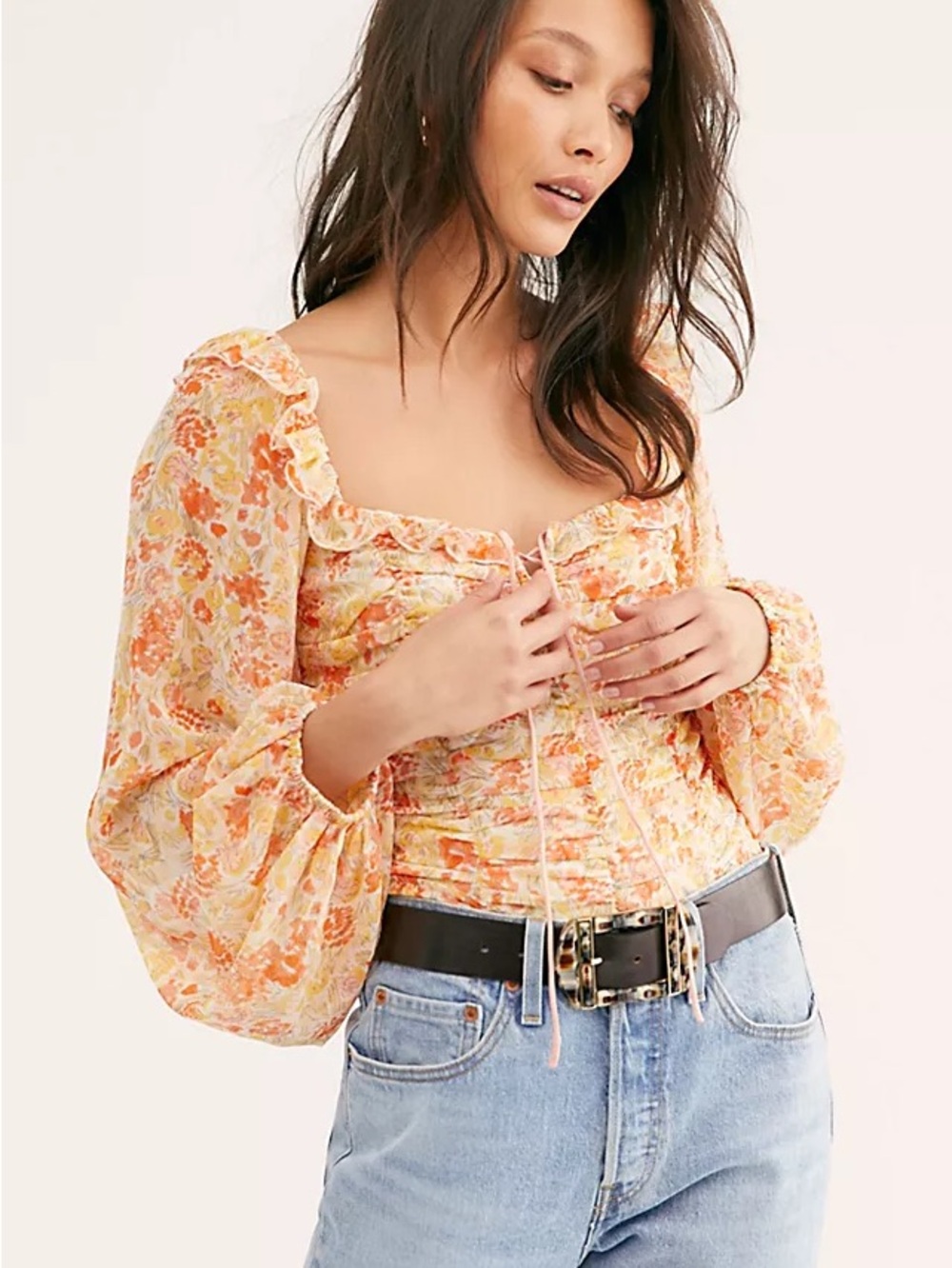 FREE PEOPLE Mabel Floral Printed Ruched Blouse